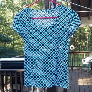 Ann Taylor Black Blue geometric  Patterned Short Sleeve Top Sz XS